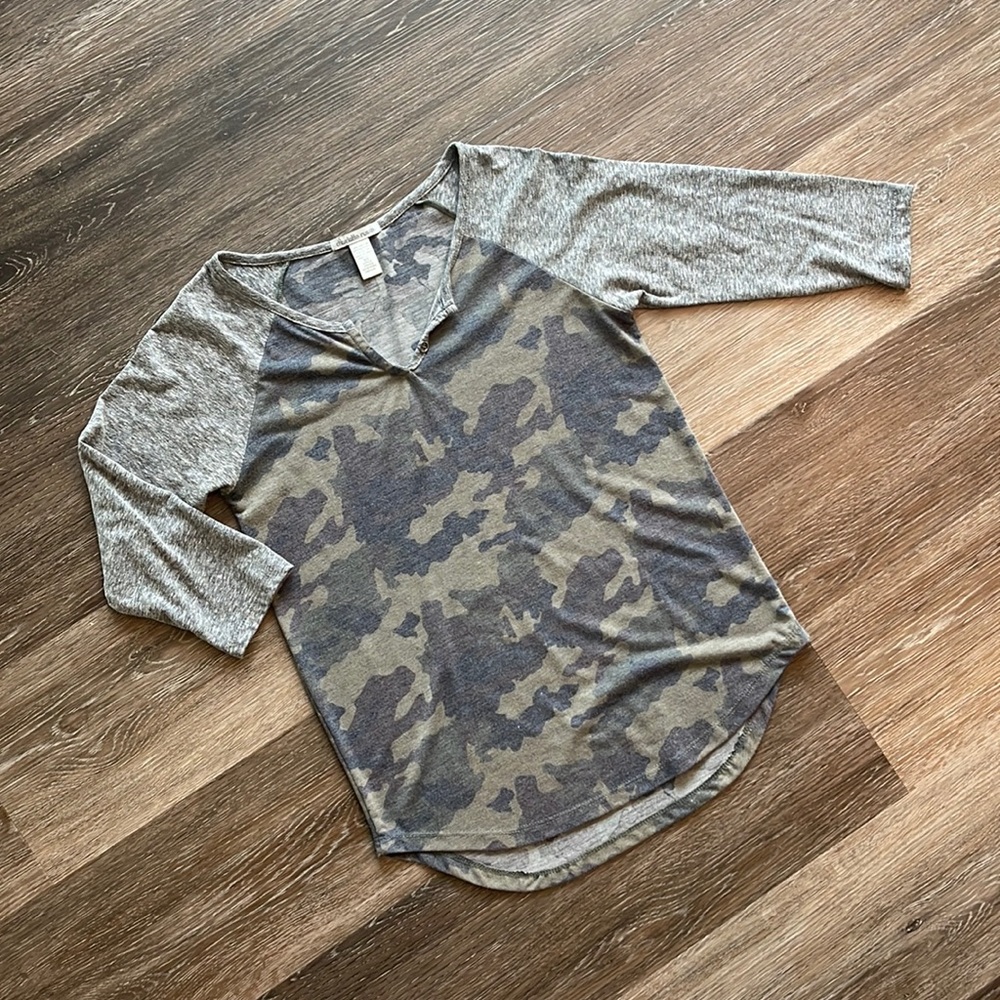 Charlotte Russe grey and cami print baseball style T shirt